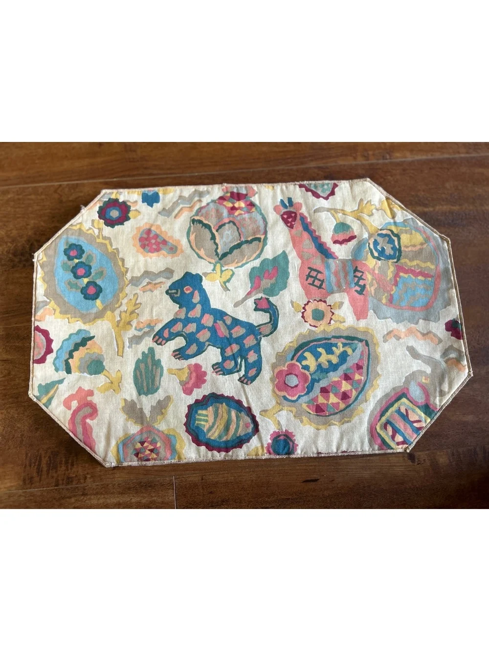 Set of 4 Vintage Octagonal Quilted Fabric Placemats with Colorful Animal and Gea